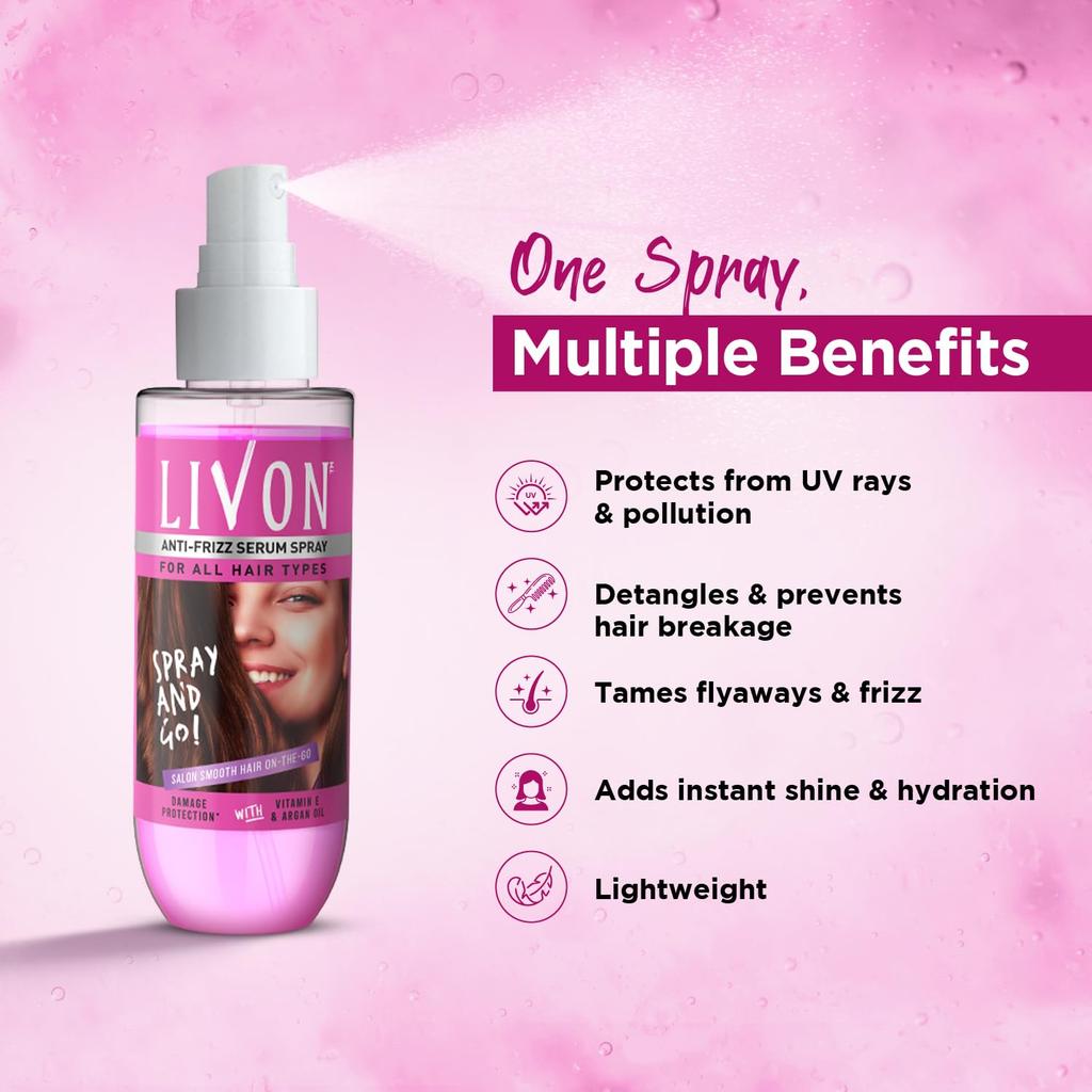 Livon Shake And Spray Hair Serum 100ml Frizz Control Gloss Boost Lightweight Hair Mist For Smooth Shiny Salon Finish Anywhere