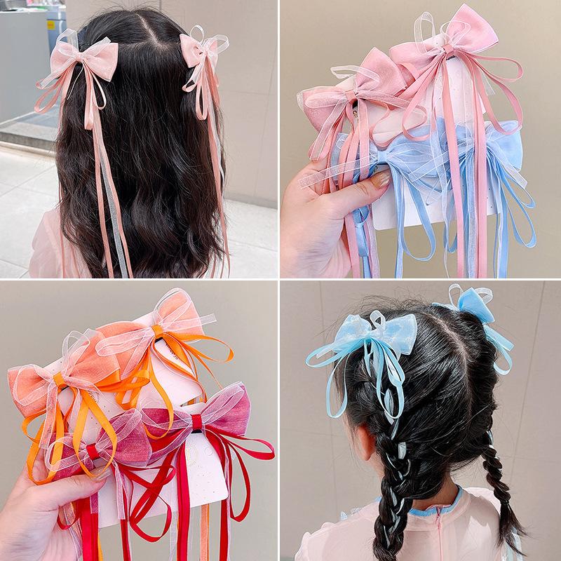 2Pcs  Korean Ribbon Bow Braid Hair Hair Pin Girls Sweet Princess Tassel Bow Barrettes Headwear Girls Kids Hair Accessories