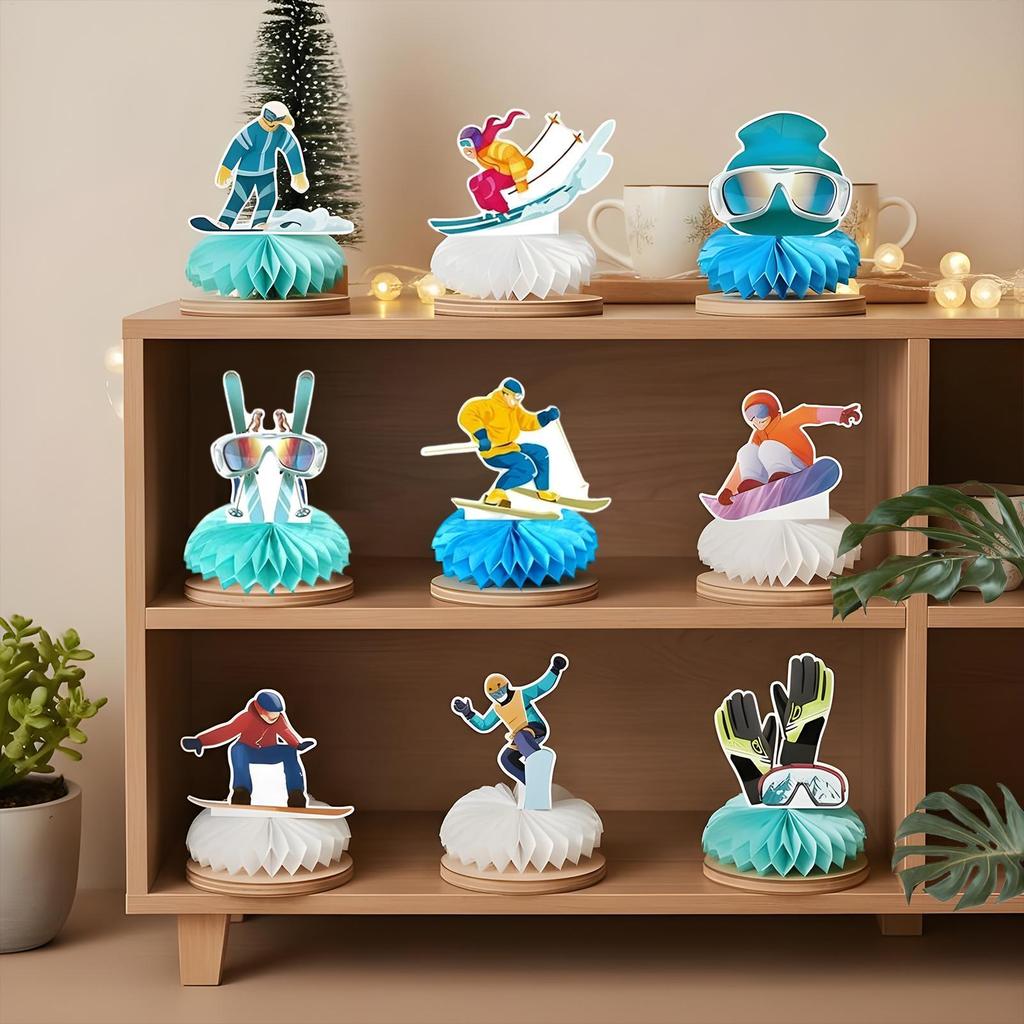 Ski Birthday Party Decorations 9 Pieces Sport Skier Decor Skiing Birthday Decoration Honeycomb Centerpieces for Home Table