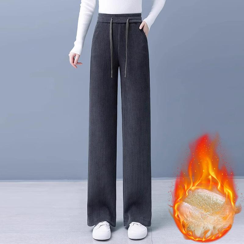 Wide-leg Pants Women's Autumn and Winter Fleece Thickened Loose and Thin Extra Large-size Women's Straight Casual Trousers