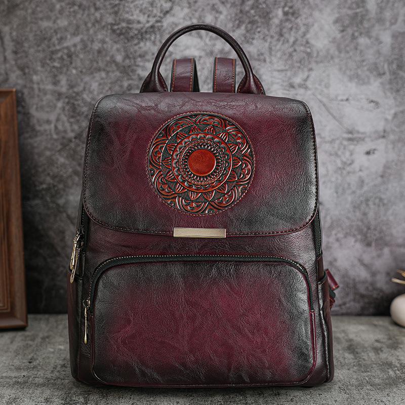 

Жіноча шкіряна сумка Vintage Totem з рельєфним рельєфом Johnature. Універсальні суцільні дорожні рюкзаки великої місткості. бордовий