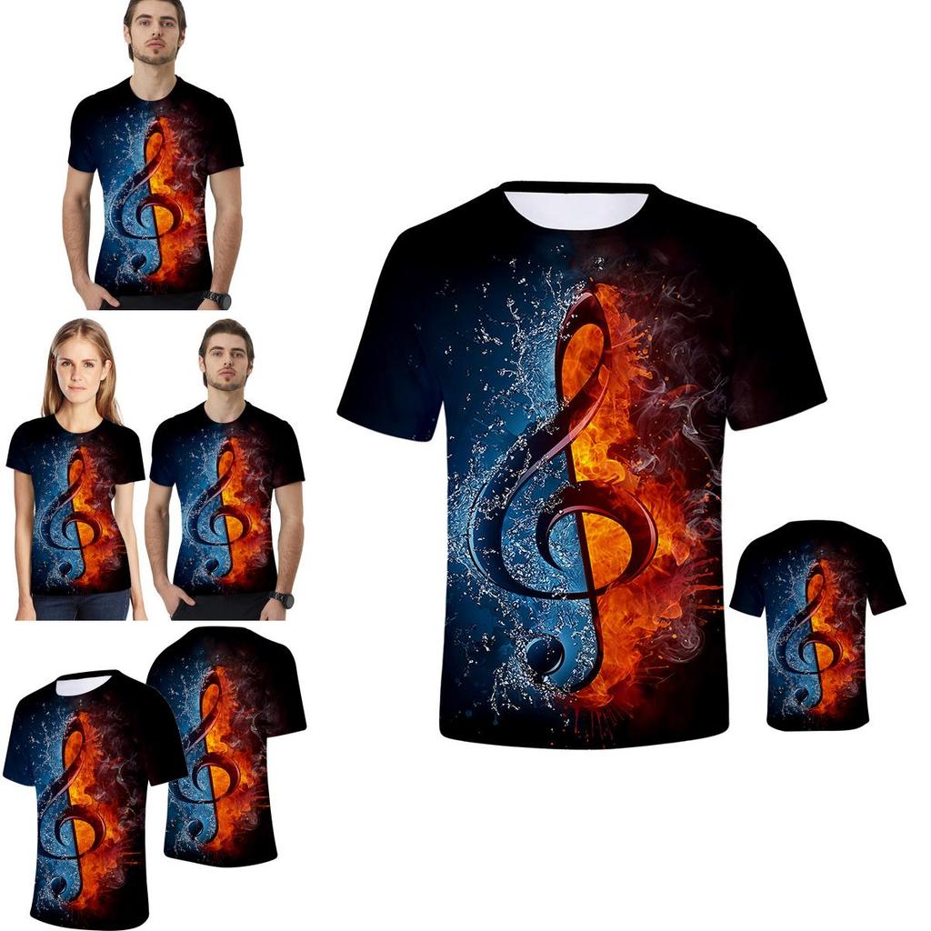 Stylish Mens Ice Fire Music Note 3d Printed Short-sleeved O-neck Casual Tee