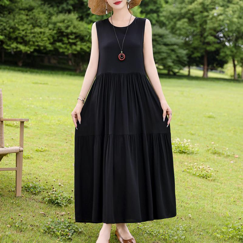 Elegant Sleeveless Dress for Women Plus Size Short Sleeve Vintage Print Long Dress Summer Casual Middle-aged Women's Clothing