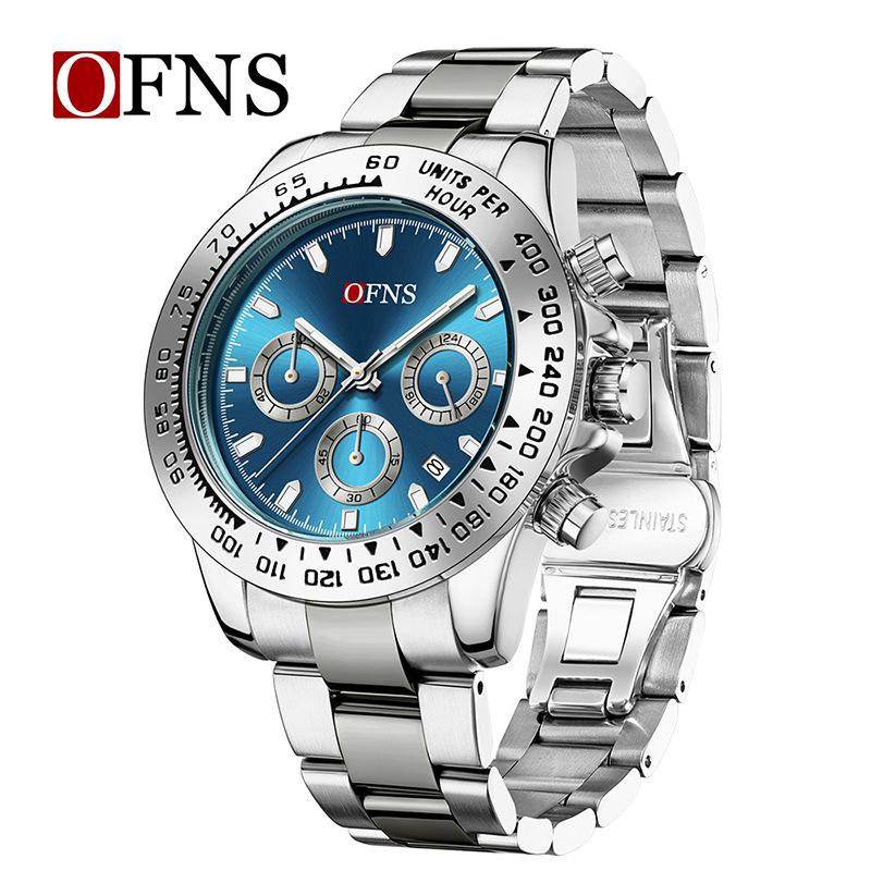 OFNS Men's Quartz Watch: Fashionable Business Design, Six-Hand Dial, Calendar, Solid Steel Band, Waterproof.