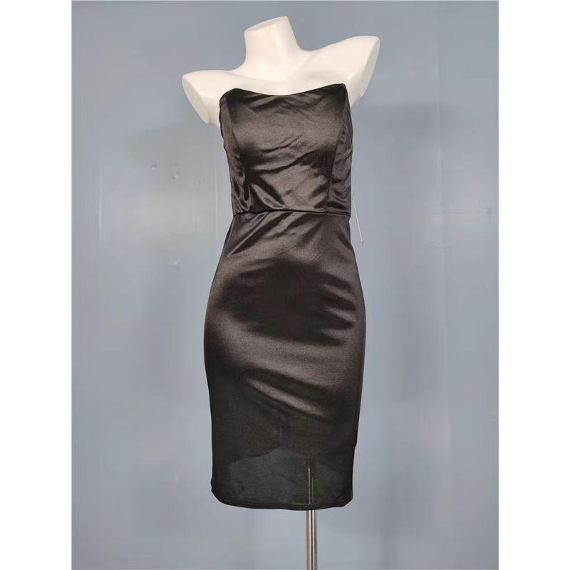 

Hip-Wrapped Smooth Fabric Waist Trimming Short Dress Chest-Wrapped Black L