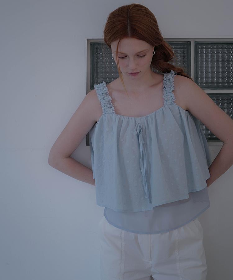 DEHEVE Flower Layered Sleeveless Blouse [Blue]