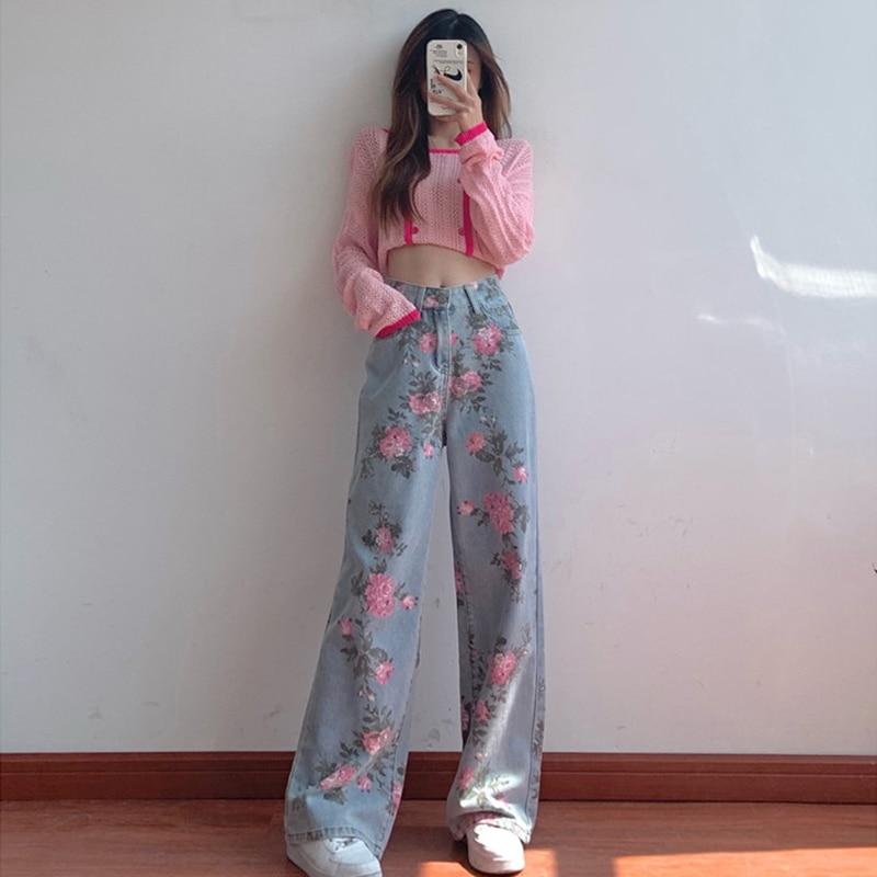 Harajuku Vintage Straight Leg Jeans Mujeres Flor de otoño Estampado de moda  urbana coreana Pantalones vaqueros de cintura alta para mujeres Y2k  Estética comprar a buen precio — entrega gratuita, reseñas reales