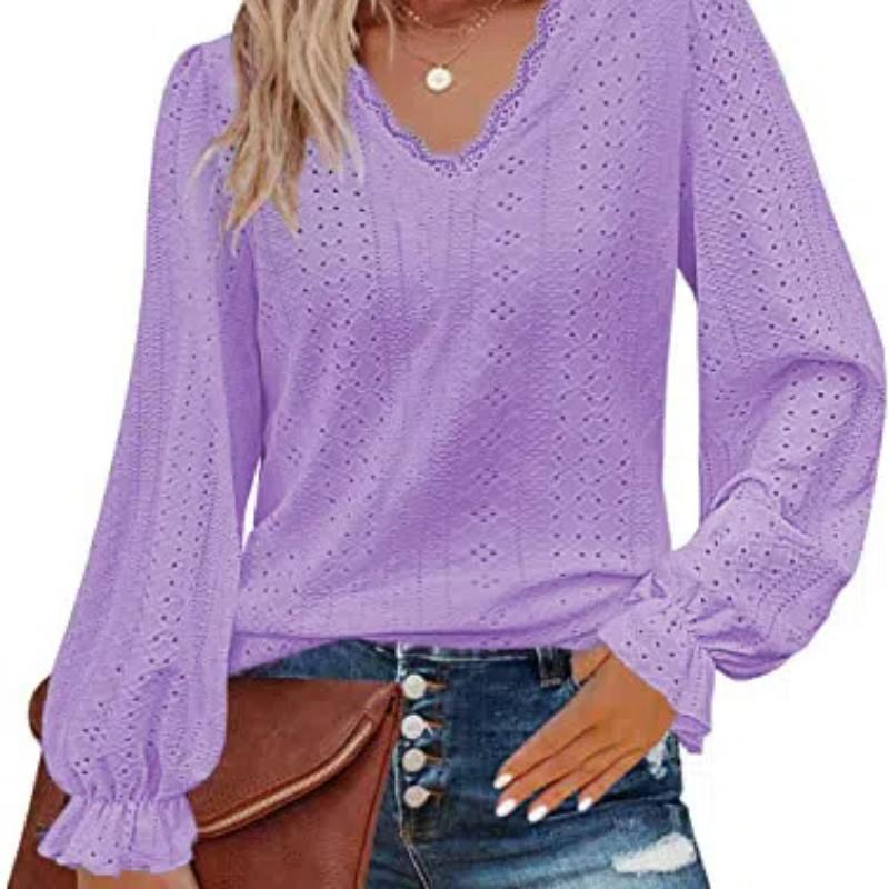 Women's Lace V Neck Puff Long Sleeve Eyelet Tops Dressy Business Casual Work Shirts Blouses Crochet Hollow Out Blouse Lace Pullover Top S-XXL