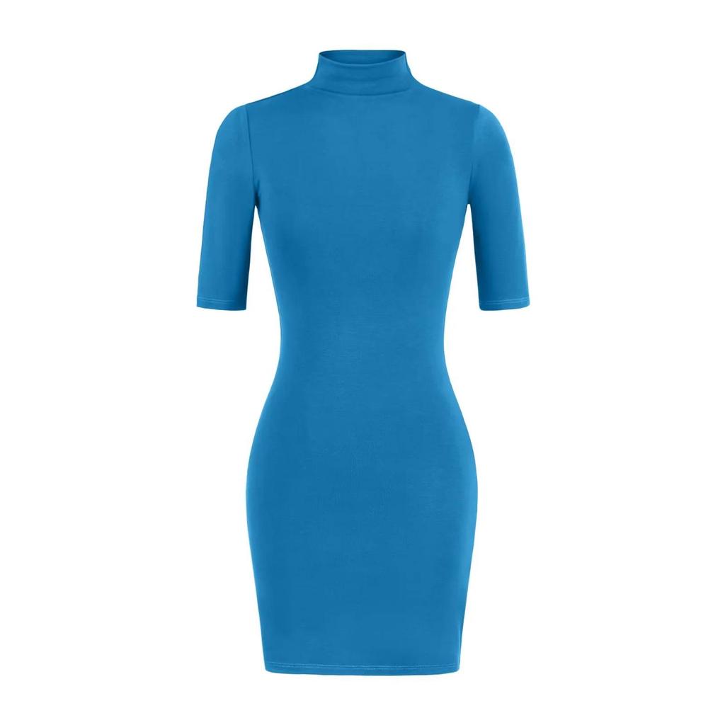 Pure Desire High Neck Slim Fit Mid-Sleeve Dress for Women – Waist-Cinched Hip-Hugging Skirt