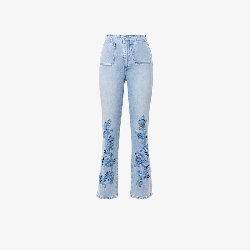 

Blacknini Yin Huafu/ Blue Rose Private Clothing D Home Heavy Luxury Relief Hand-Embroidered Washed Jeans Blue(Cotton bomb Denim) XL