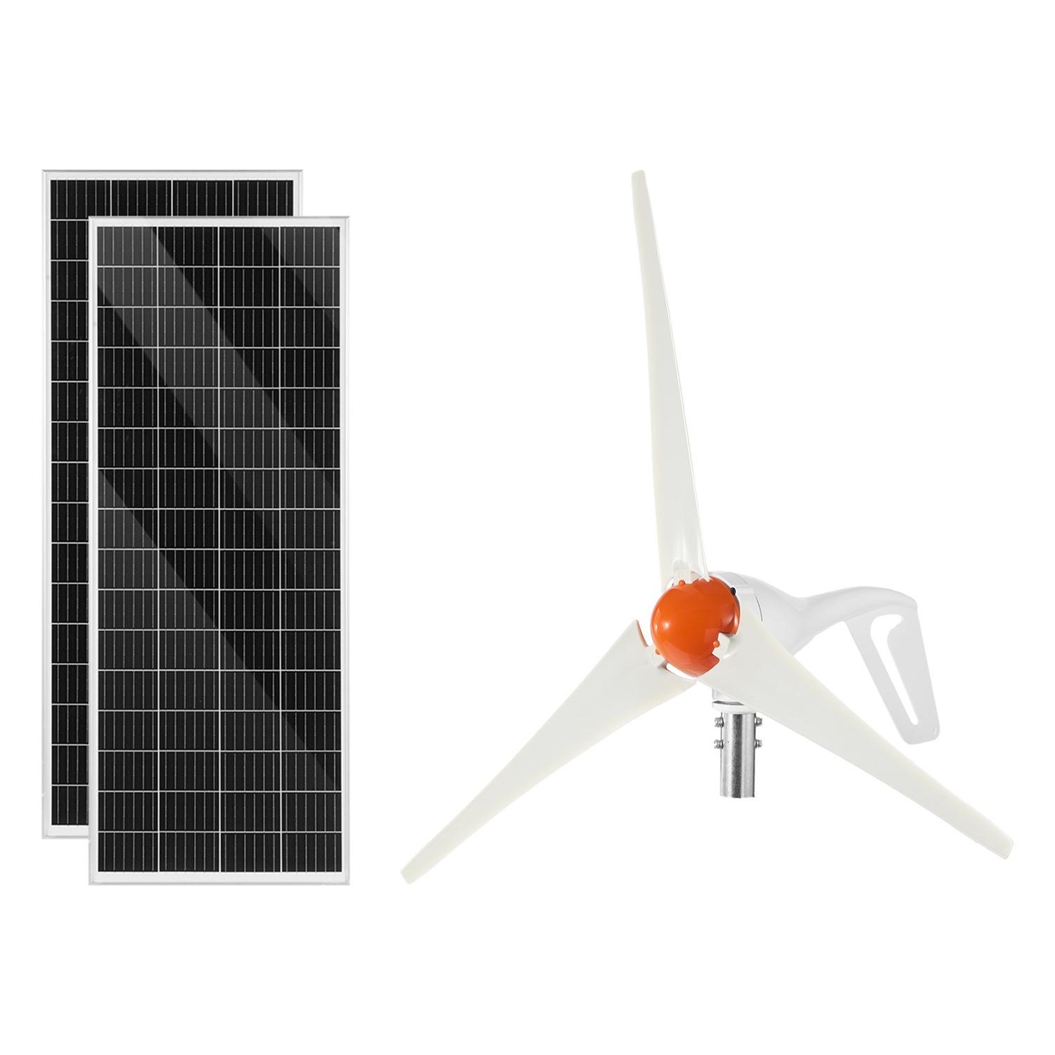 12V 400W Solární Větrná Energetická Sestava, 2ks 100W Monokrystalických Solárních Panelů + 200W Větrná Turbína + MPPT Hybridní Solární/Větrný Regulátor pro Domácnost, Obytný Vůz, Loď