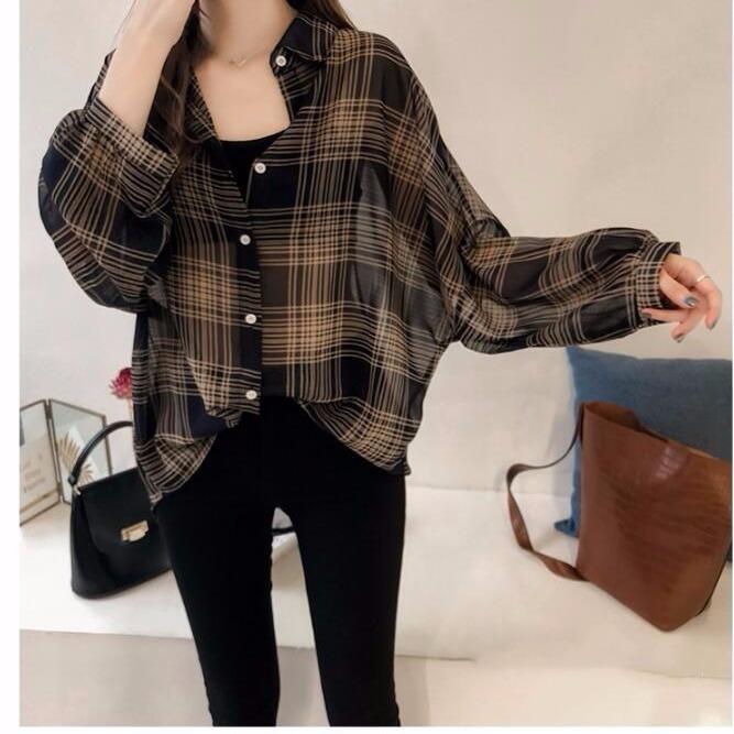 Early Autumn New Plus Size Checkered Shirt Women's Long Sleeved Hong Kong Style Top Chic Shirt