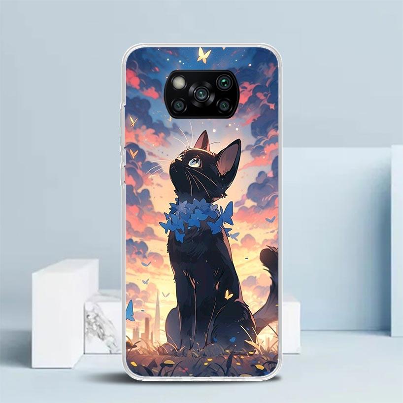 Anime Cute Black Cat Meow Phone Case For Xiaomi Poco F7 Ultra X5 X6 X7 Pro M7 Redmi 15C 15 13C 13 12C 12 10C 10 10A 9 9C 9A 9T C