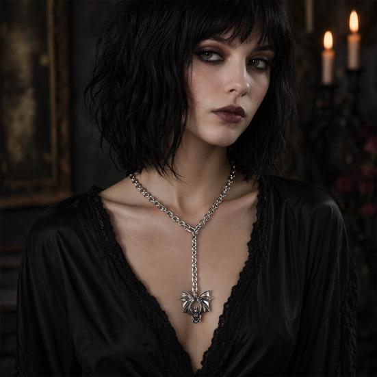 Punk Lariat Y Necklace, Gothic Bat Pendant Necklace, O Ring Long Necklace, Adjustable Slip Chain Necklace Jewelry Gift for Women