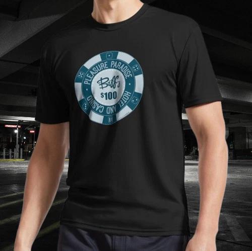 

Biff Tannens Pleasure Paradise Poker Chip Funny Logo American Men s T-Shirt 3XL