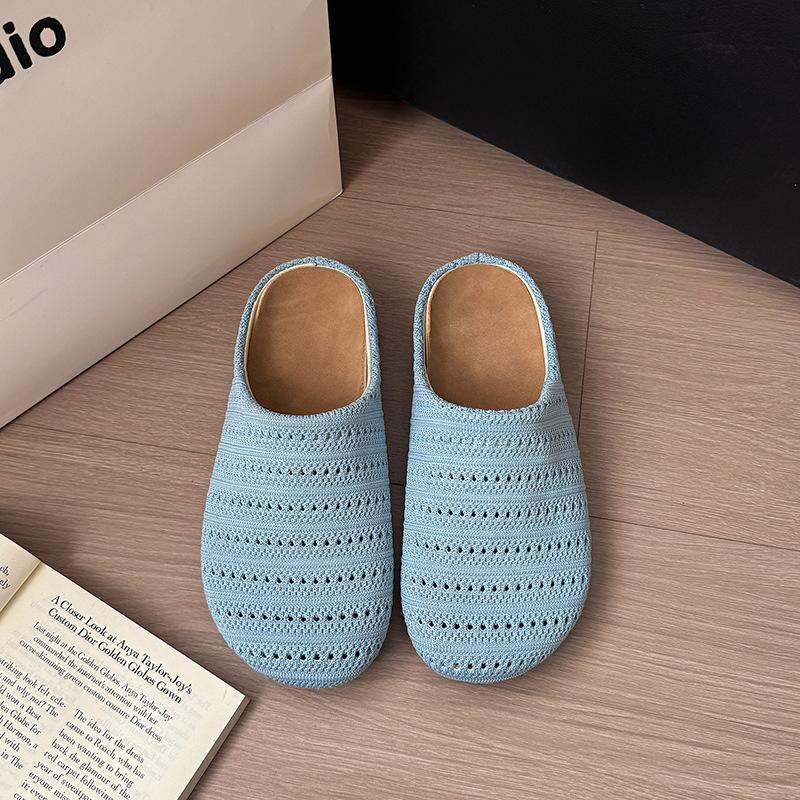 Retro Niche Woven Bag Head Half Slippers Women's Outer Wear Summer Lazy One Pedal Comfortable Soft Bottom Round Head Cool Slippers