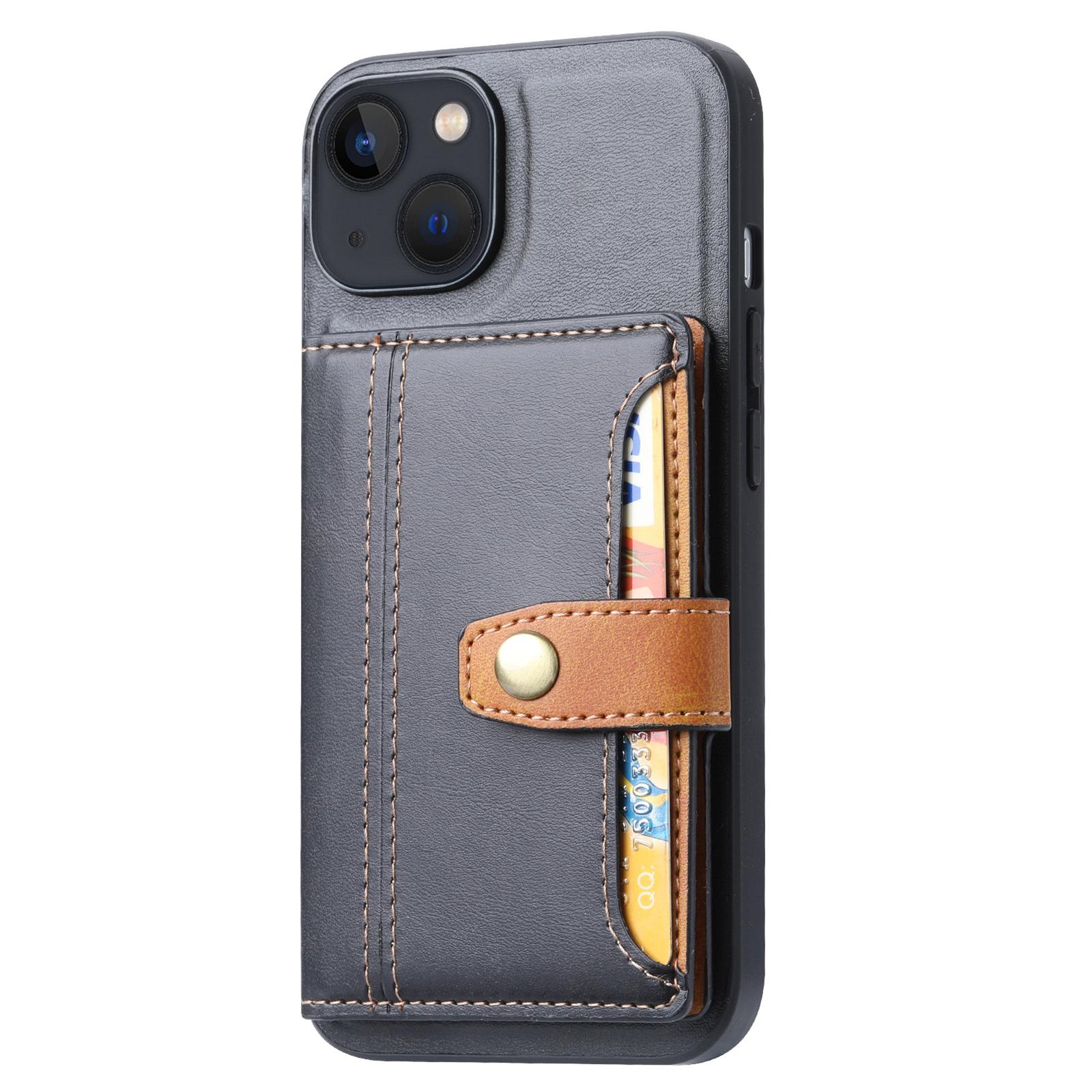 

For iPhone 15 Calf Texture Card Holder Kickstand Phone Case PU Leather Coated TPU Anti-fall Cover Black
