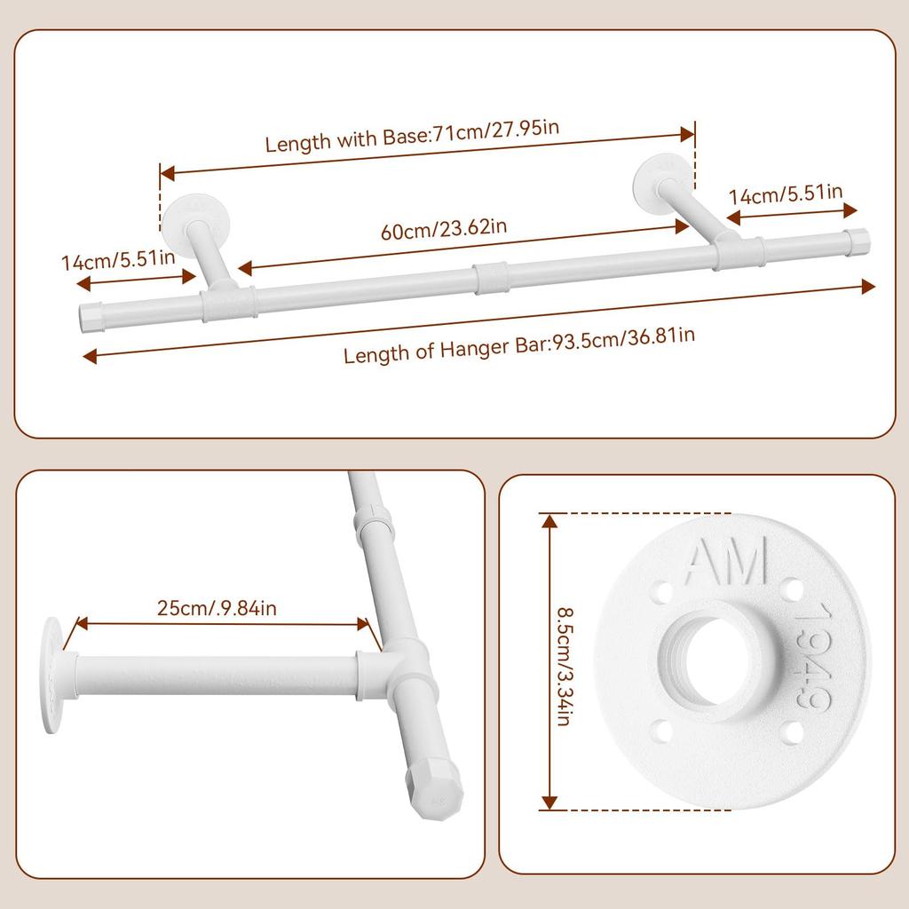 IBUYKE Iron Industrial Pipe Clothes Hanger 92cm Antique Hanging JPTYJ006W Rack, Bar, Wide, Style, Wall-Mounted, Steel, Space-Saving, DIY,