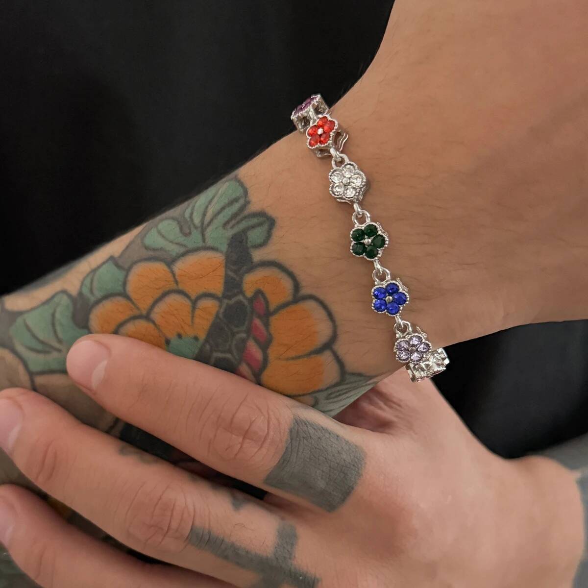 

Salircon Hip Hop Punk Colorful Zircon Flower Necklace for Men Women Gothic Geometric Chain Charm Necklace Bracelet Set Jewelry
