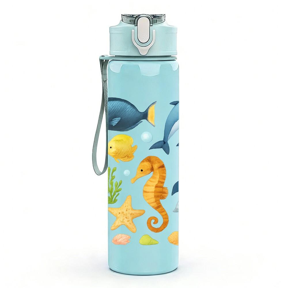 1 Stück Ozean Meeres Tier Muster 750ml Farbe Kunststoff Sport Wasserflasche Auslaufsicher Klappdeckel mit Strohhalm Geeignet für Sport Büro Zuhause