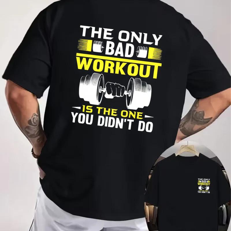 Dumbbell Fitness Motivational Slogan Graphic Motorcycle Double Sided Print T-Shirt Men's Summer Short sleeve O-Neck Casual Tops