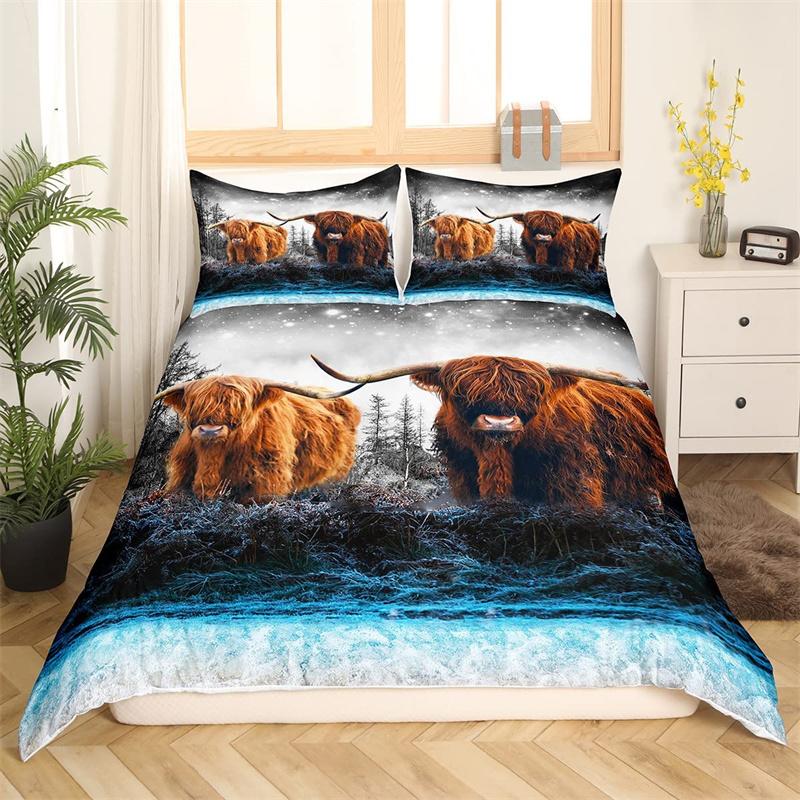 Highland Cow Duvet Cover Western Farm Animal Bedding Set Full King For Boys Girls Microfiber Floral Bull Cattle Comforter Cover