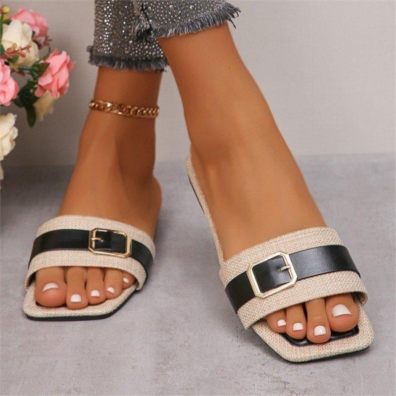 European and American Large-size Metal Buckle Flat Bottom Square Head One-word Slippers, Wearing Versatile Open-toed Dongmen Retro Cool Slippers Women