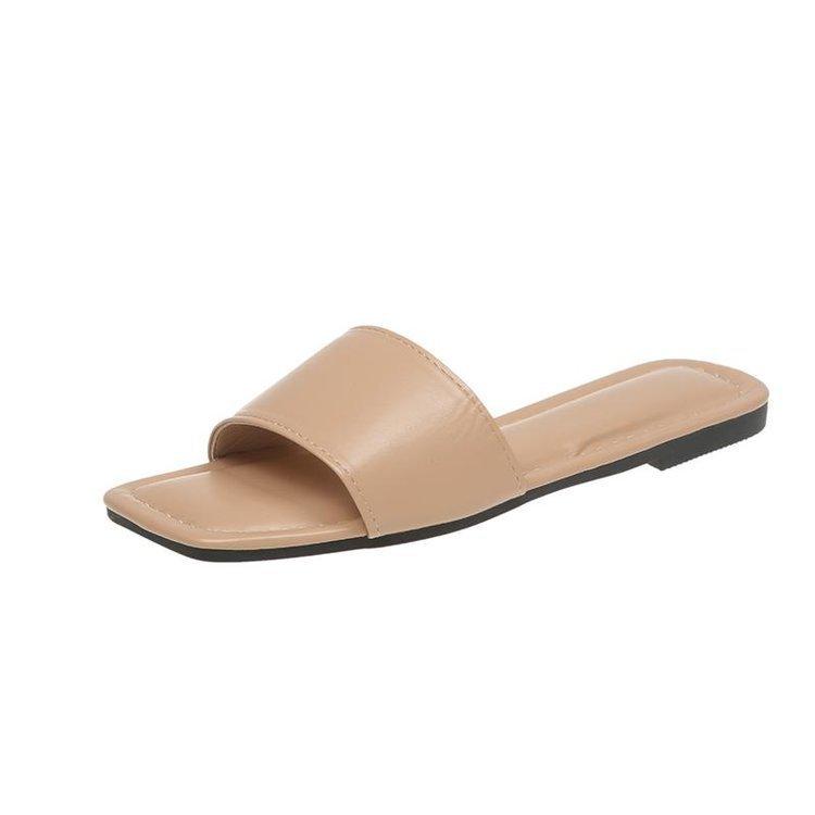 Flat-bottomed slippers women's summer outer wear new summer square head one-word drag large size cool slippers factory