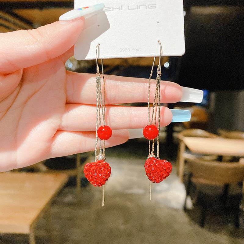 Fashion Atmospheric Red Velvet Bow Earrings Femininity Sweet Flower Long Fringed Versatile Earrings