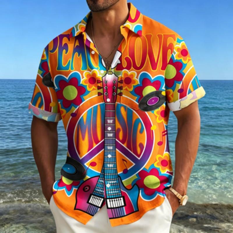 Men's Short Sleeved Shirt with Lapel Collar, Retro Guitar and Peace Logo Printed Shirt, Hippie Style Music Floral Printed Top