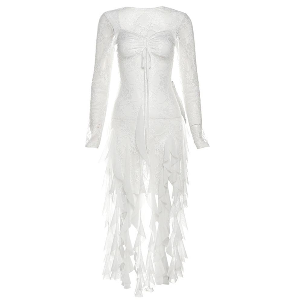 Ruffled Edge Lace Flower Dress Long Sleeve Transparent Dress Women Pleated Lace Dress  Party M белый