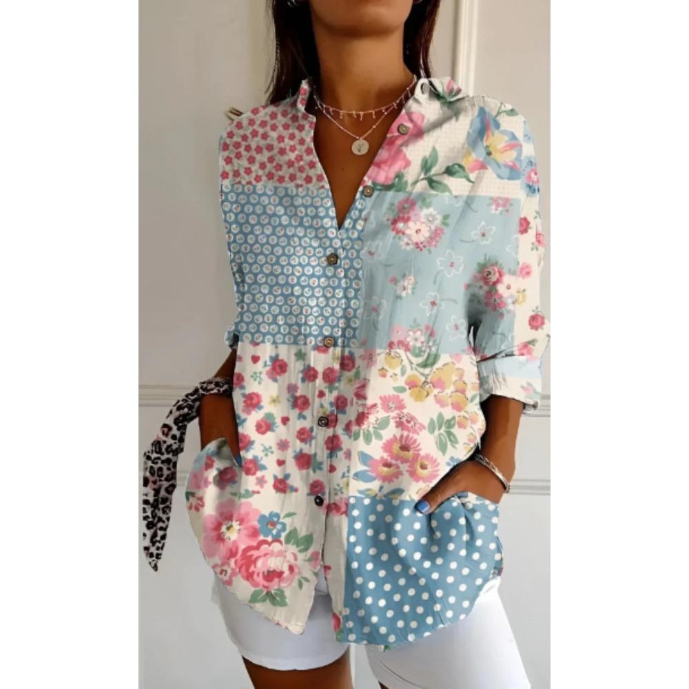 Plus Size Women Long Sleeve Button Shirt Solid Floral Casual Comfort Blouse