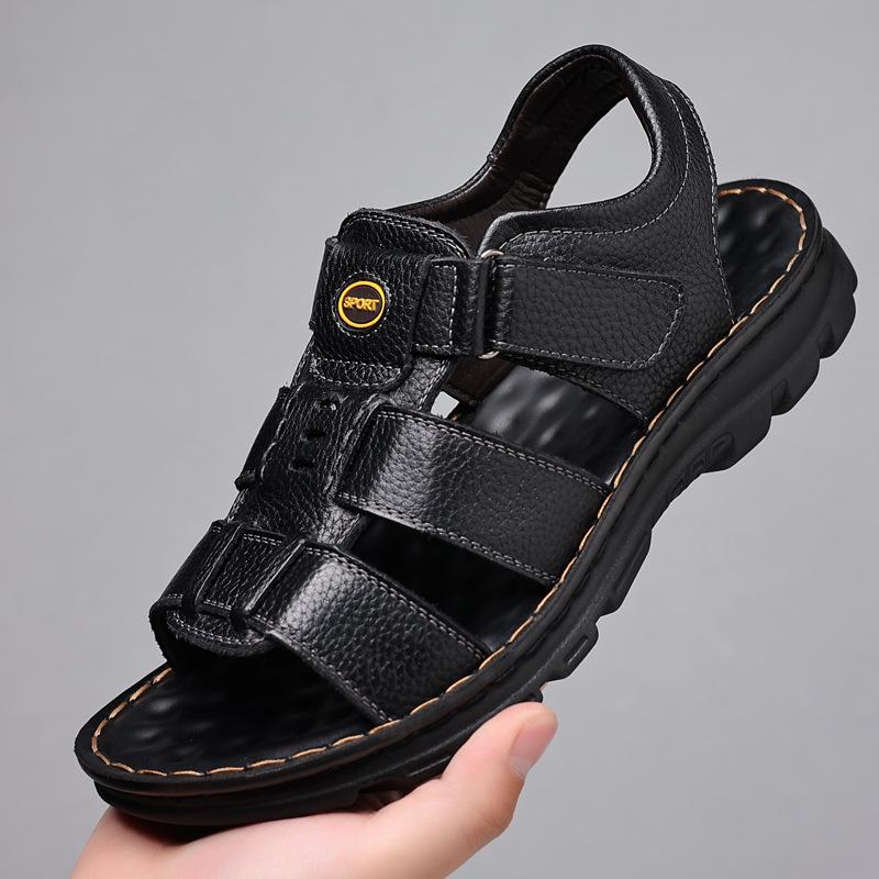 

Сандалии мужские кожаные 2025 новые нескользящие пляжные туфли мужские для отдыха Европа и США летние дышащие среднего и пожилого возраста 1889 38 чёрный