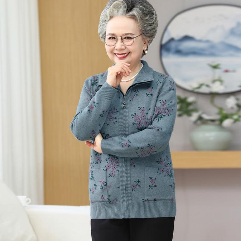 Grandma autumn coat women's middle-aged and elderly sweater cardigan old man old woman knitted sweater mother fleece top