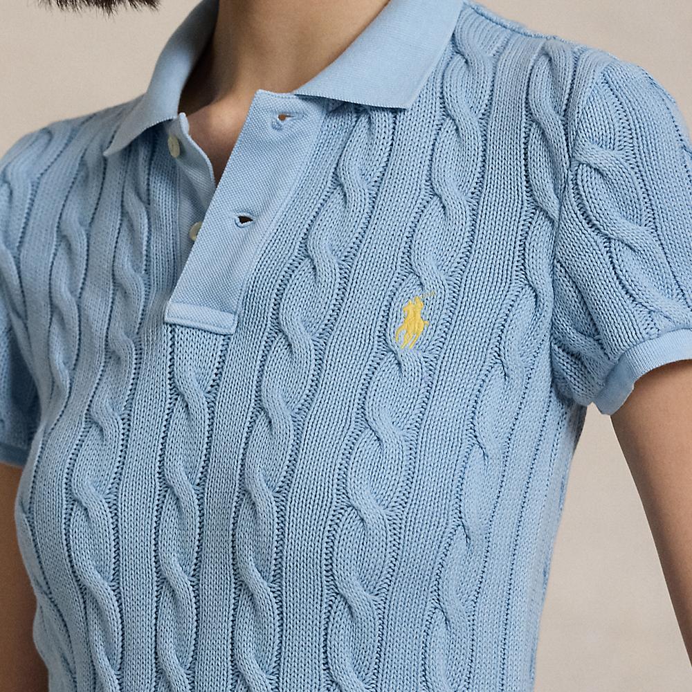Polo Ralph Lauren Solid Cable Knit Slim Fit Short Sleeve Polo Shirt Women tops Blue WMPOKNINB920219400