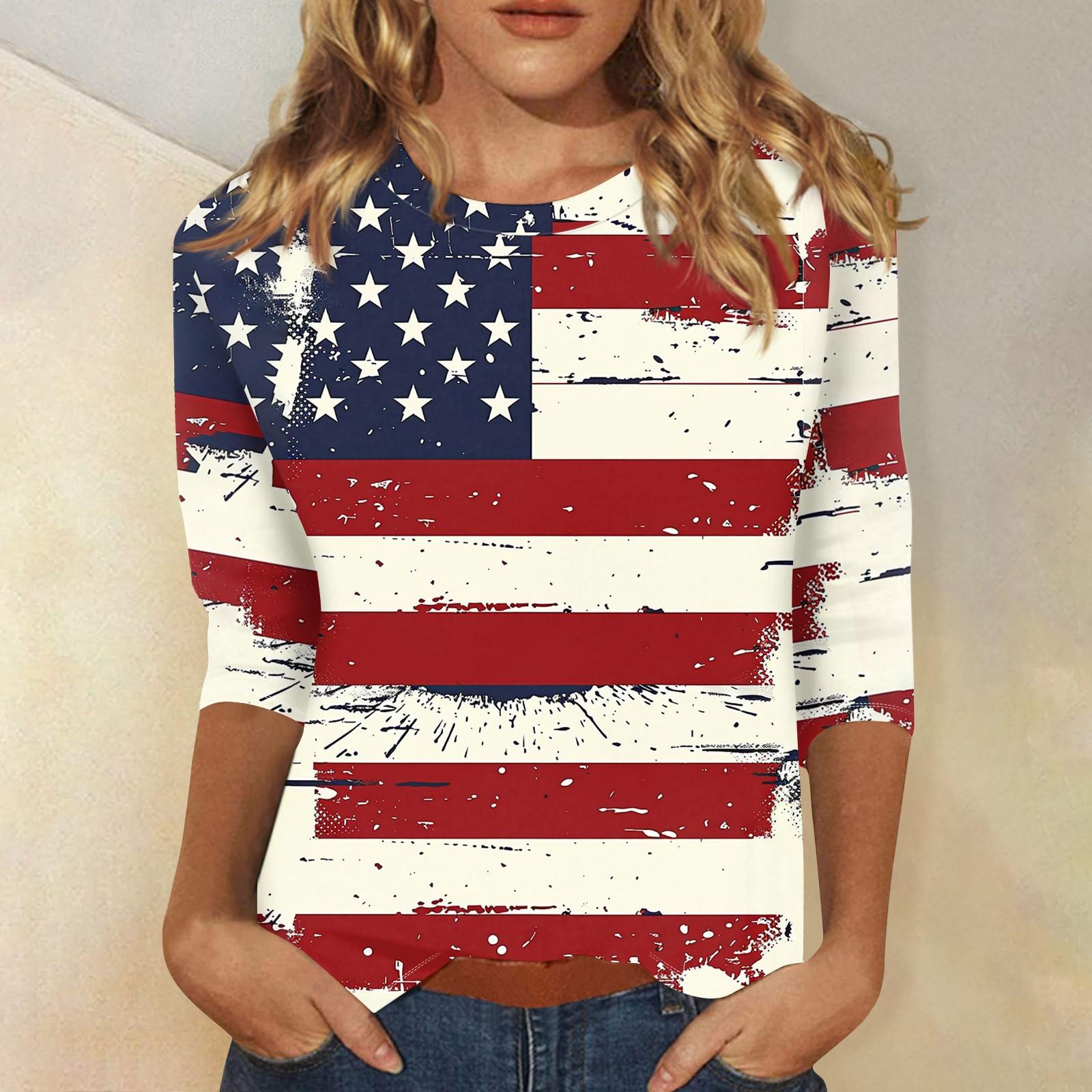 

Women s Fashion Casual Three-quarter Sleeve Independence Day Printed Round Neck Top L