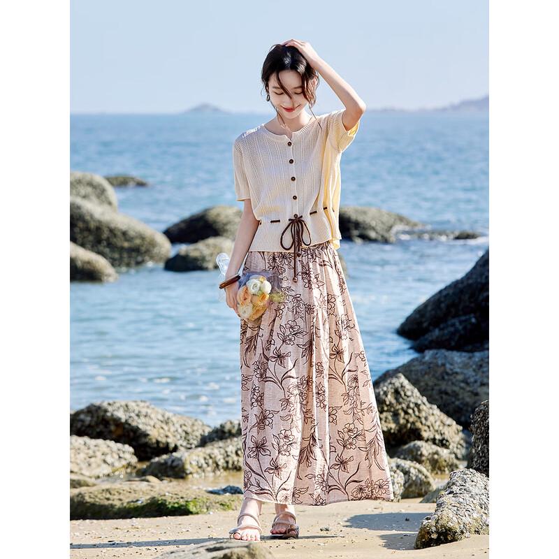 Shangjing Women's Knit Top & Printed Skirt Two-Piece Set