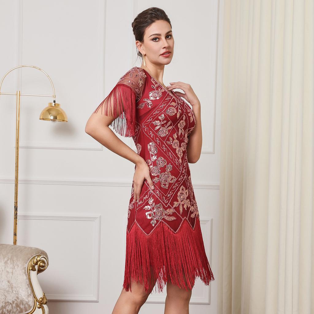 Abito da Flapper Gatsby Anni '20, Manica Corta Floreale Paillettes Perline Frange Abito Scollo a V Festa Cocktail Abito da Sera Per Donne