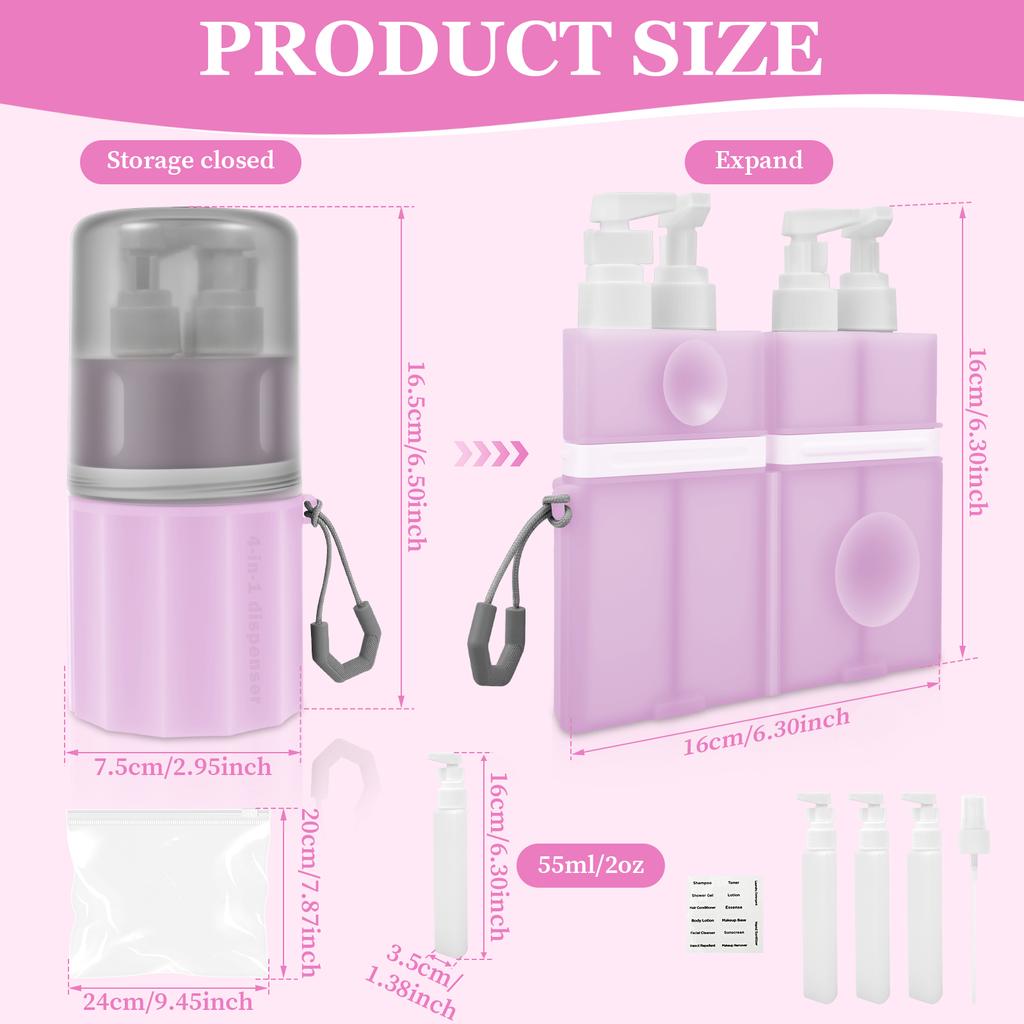 4 in 1 Travel Toiletry Container Portable Leak Proof Dispenser Bottle with Suction Cup for Shampoo Conditioner Body Wash Lotion