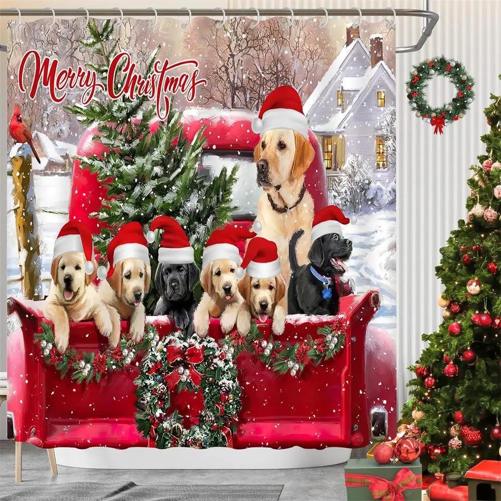 Retro olejomalba Vánoční sprchové závěsy Santa Claus Garland Xmas Tree Vintage krb Novoroční dekorace Sada koupelnových závěsů