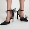 Hollow sandals sweet mesh bow stiletto strap single shoes pointed black high heels