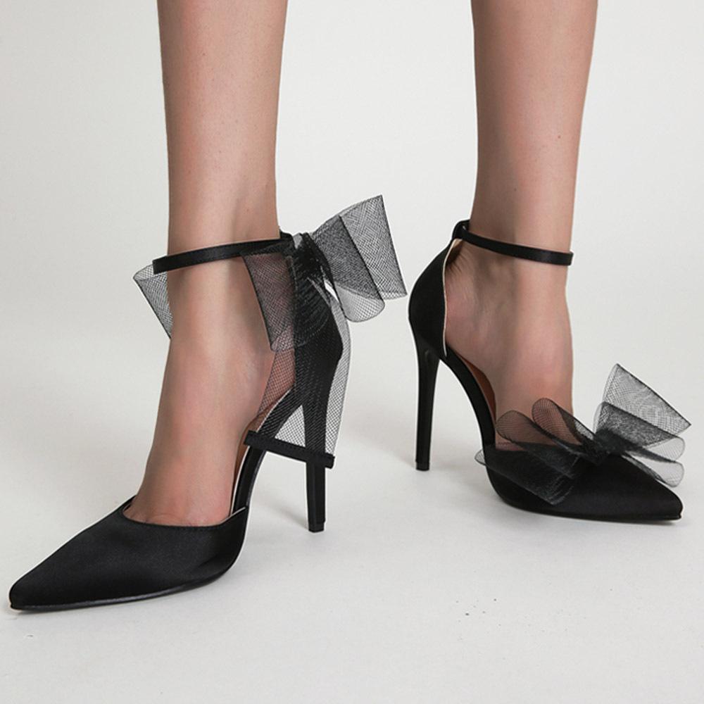 Hollow sandals sweet mesh bow stiletto strap single shoes pointed black high heels