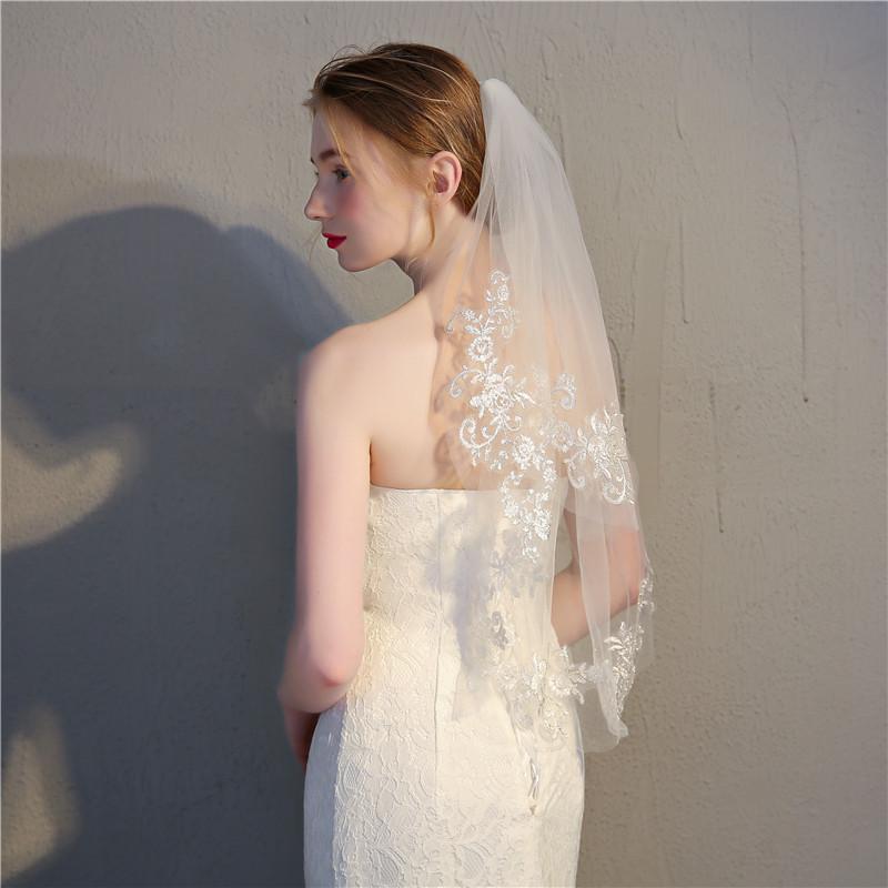 Korean Double Layer Bridal Short Veil with Lace for Wedding Photos and Accessories