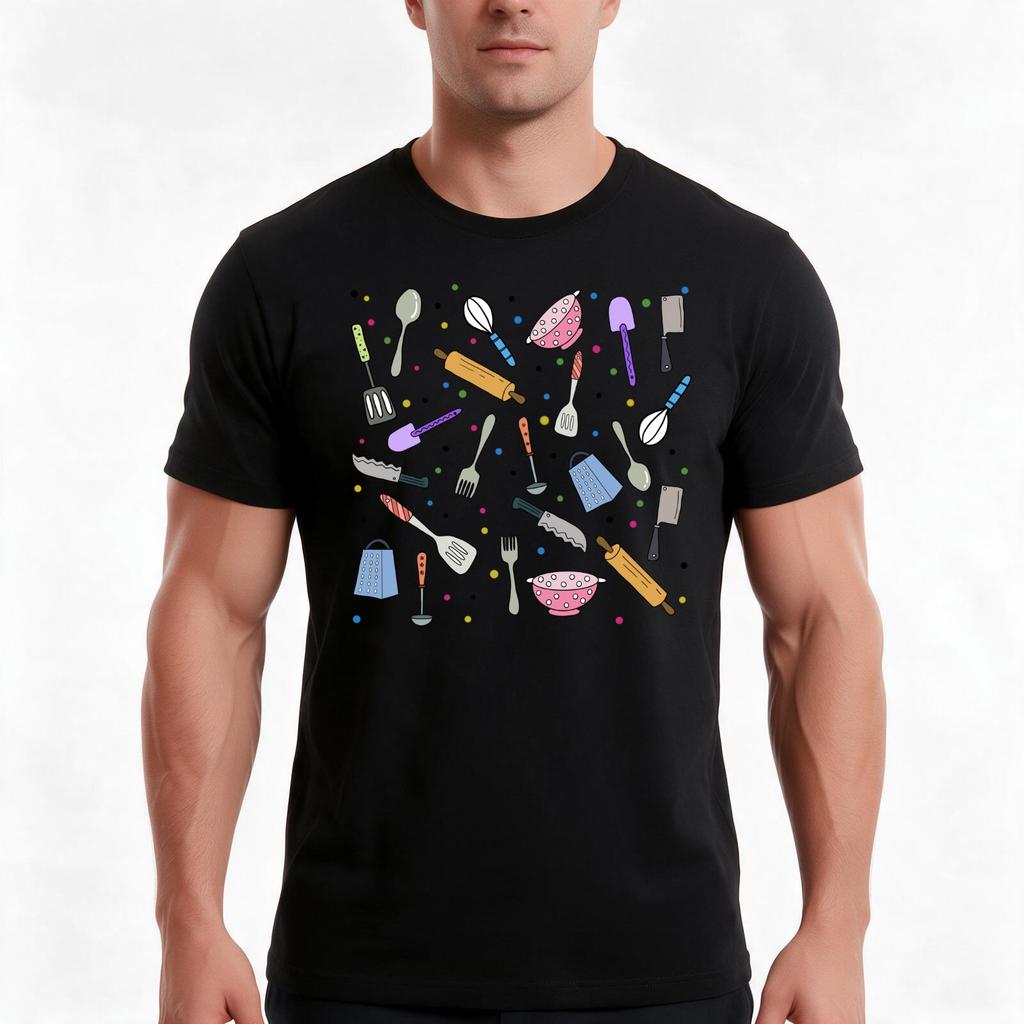 Ready To Cook Cute Colourful Kitchen Utensils Hand Drawing Pattern Tshirt Summer Casual Cotton Tee Oversized Streetwear Tops