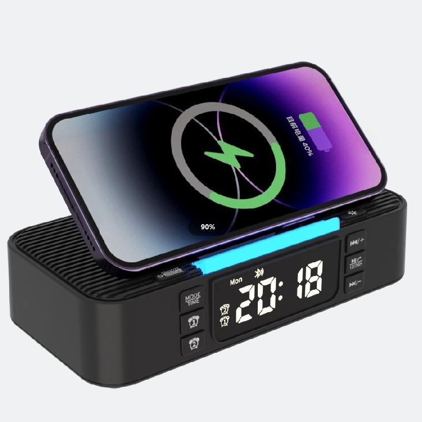 Wireless Charging Bluetooth Speaker Clock FM Radio Night Light Electric Dual Speaker Loud Alarm Clock USB and Type-C port Charing for phone
