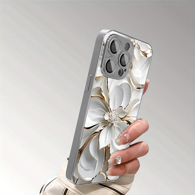 Oil Painting White Flowers Tempered Glass Electroplated Phone Case For iPhone 17 16 15 14 13 12 11 Pro Max Plus 16E 17 Air Cover