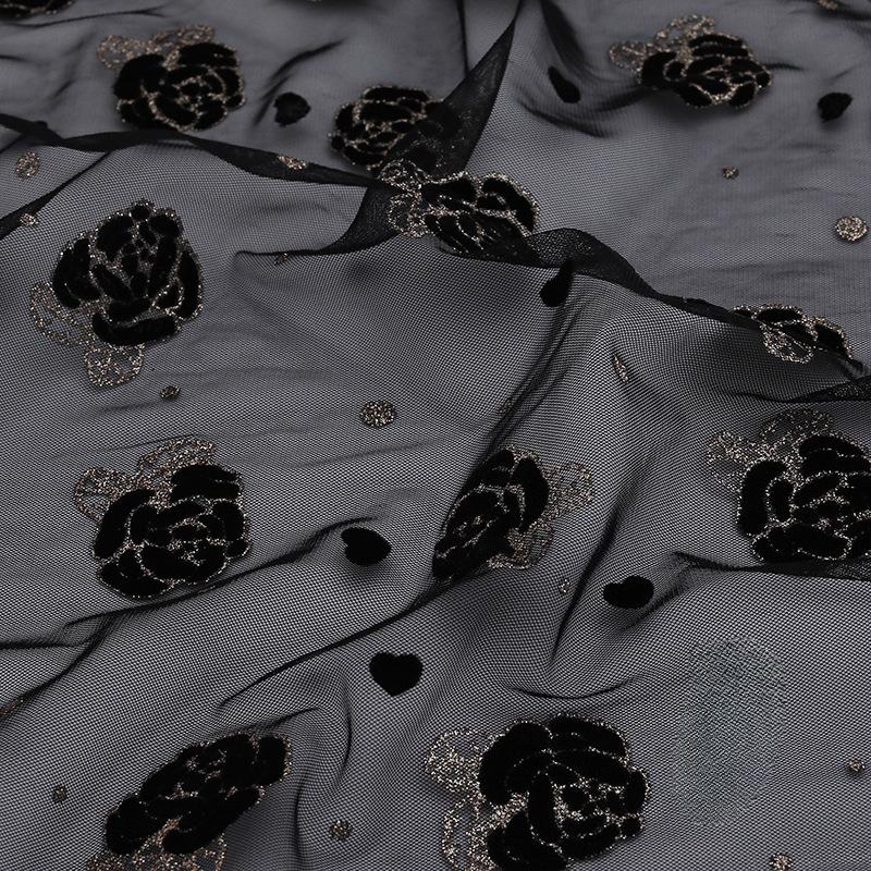 1meter Black Beige Rose Flower Velvet Embossed Gold Powder Mesh Fabric Flocking African Tulle Jacquard Fabrics for DIY Sewing