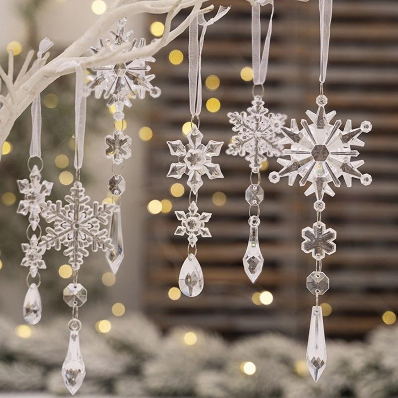Pack of 6 Christmas Tree Hangings Snowflakes Charm Ornament Acrylic Indoor Outdoor Decoration Festival Accessories