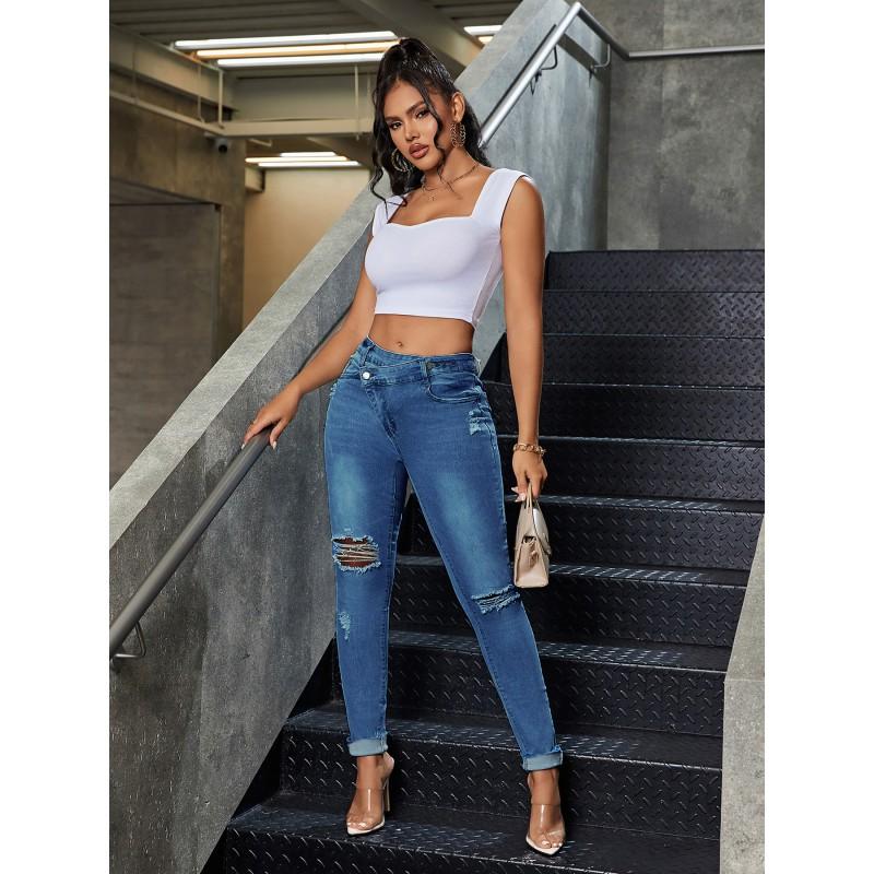 High Waist Slim Fit Distressed Denim Jeans Women Stretchy Cropped Skinny Pants In Light Blue Dark Black