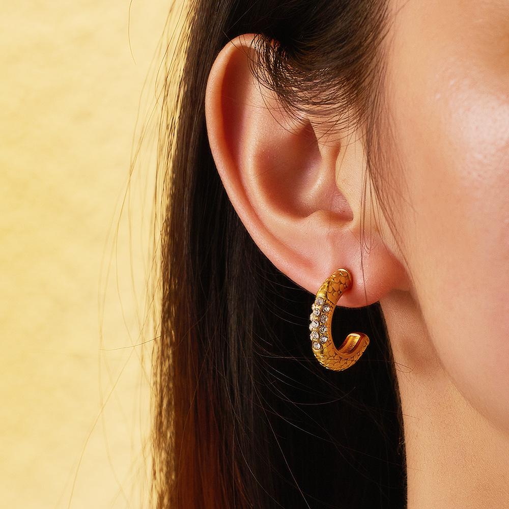 18K Gold Plated White Diamond Hoop & Stud Earrings - French Style Titanium Steel